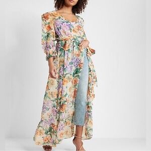 Express Floral Metallic Sheer Maxi Kimono Duster Romantic Wrap NWT Size M - L